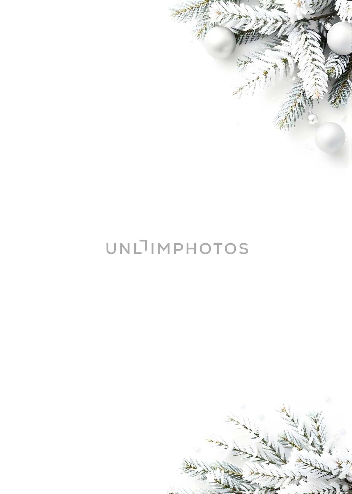 Festive Christmas composition featuring green fir branches, white ornaments, pine cones, and a soft string of lights on a clean white background. Perfect for creating a holiday mood, suitable for Christmas cards, posters, or other winter-themed projects