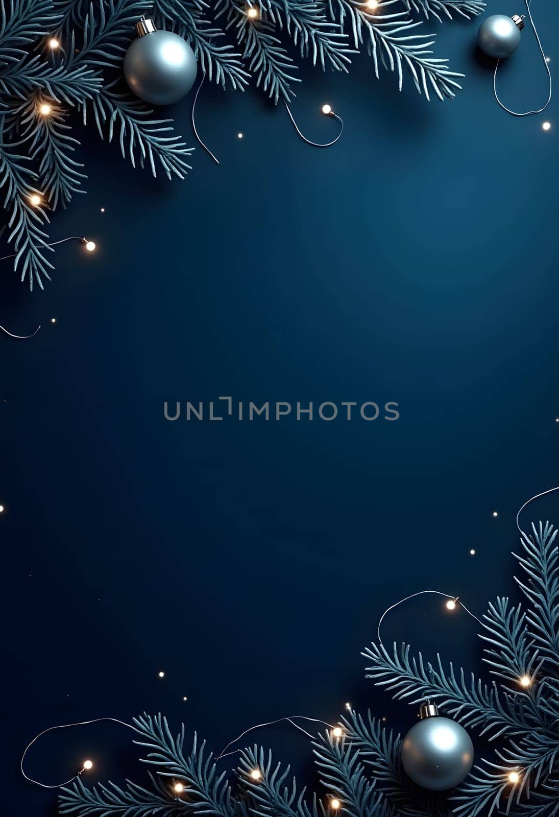 Festive Christmas composition featuring green fir branches, blue and light blue ornaments, pine cones, and a soft string of lights on a dark blue background. Perfect for creating a holiday mood, suitable for Christmas cards, posters, or other winter-themed projects