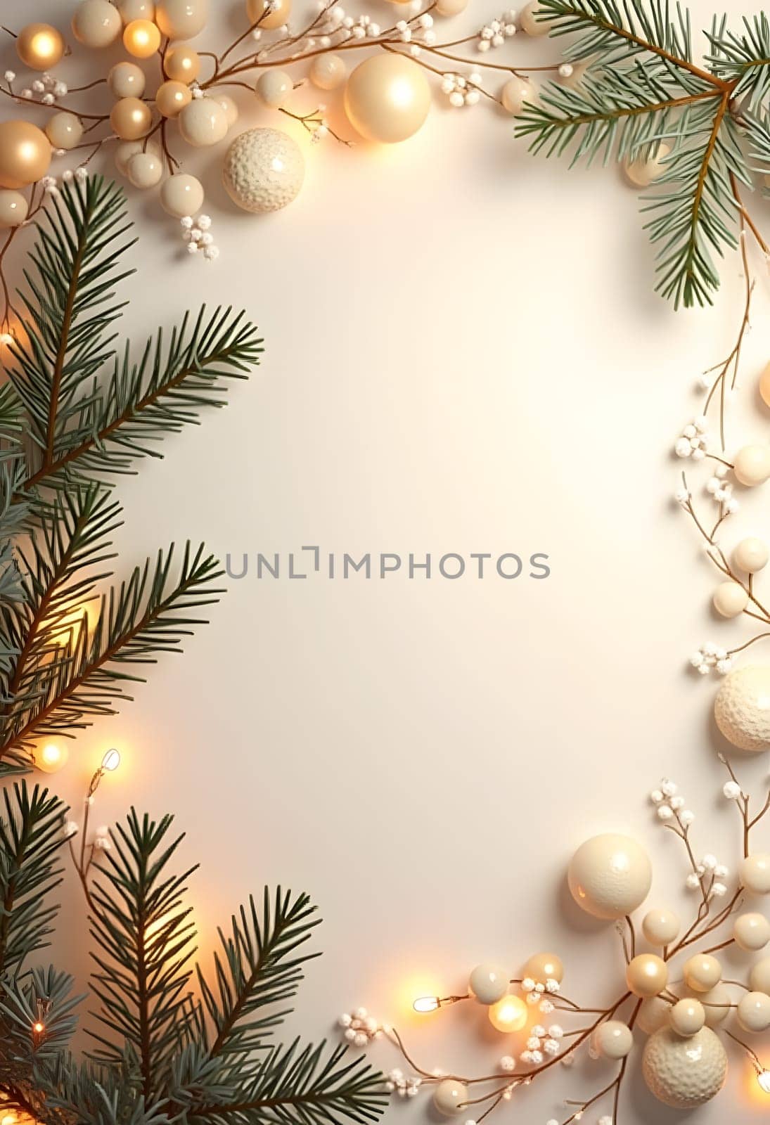 Festive Christmas composition featuring green fir branches, gold and copper ornaments, pine cones, and a soft string of lights on a neutral beige background. Perfect for creating holiday mood, suitable for Christmas cards, posters, or other winter-themed projects