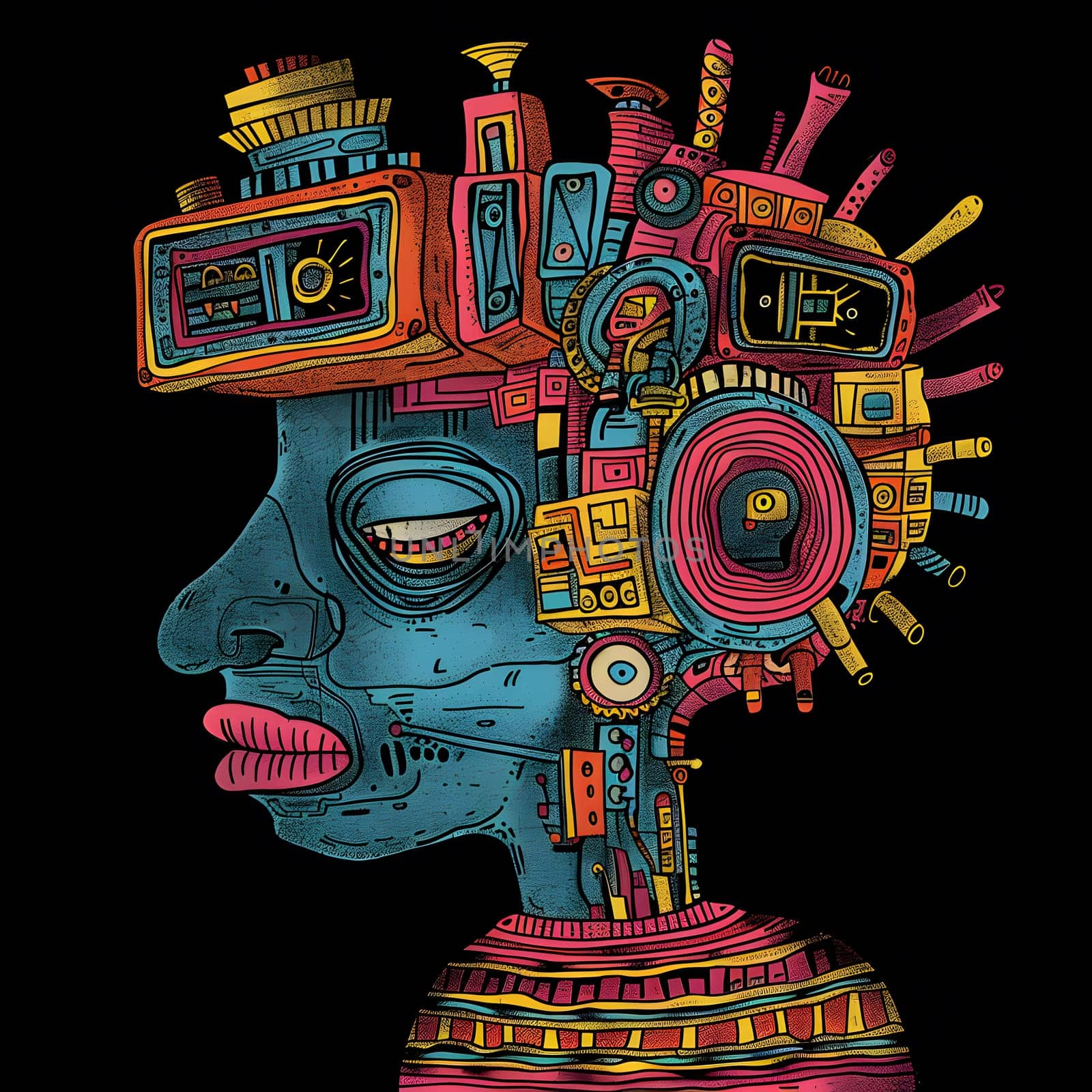 A vibrant artwork featuring a persons head with a magenta clock, surrounded by intricate patterns and circles. This visual arts artifact conveys a sense of time, darkness, and mystery