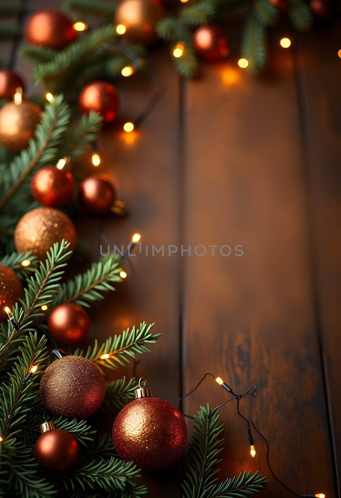 Festive Christmas composition featuring green fir branches, red ornaments, pine cones, and a soft string of lights on a warm brown background. Perfect for creating a holiday mood, suitable for Christmas cards, posters, or other winter-themed projects