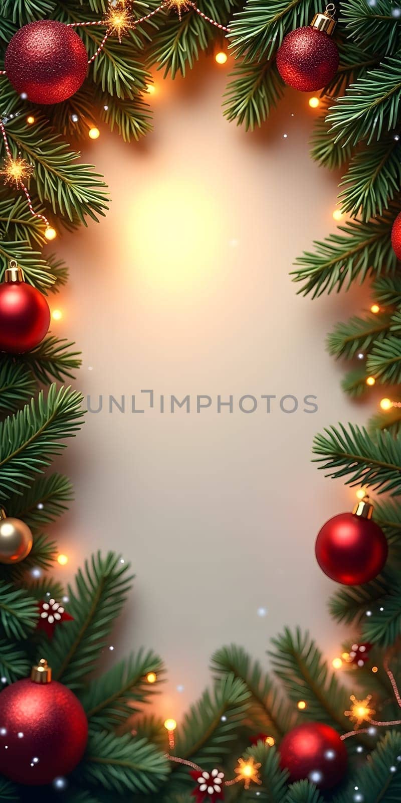 Festive Christmas composition featuring green fir branches, gold and copper ornaments, pine cones, and a soft string of lights on a neutral beige background. Perfect for creating holiday mood, suitable for Christmas cards, posters, or other winter-themed projects