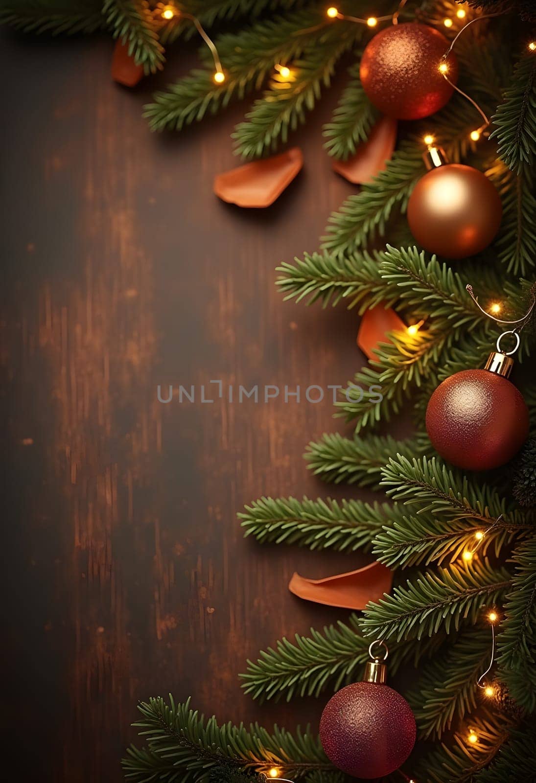 Festive Christmas composition featuring green fir branches, red ornaments, pine cones, and a soft string of lights on a warm brown background. Perfect for creating a holiday mood, suitable for Christmas cards, posters, or other winter-themed projects