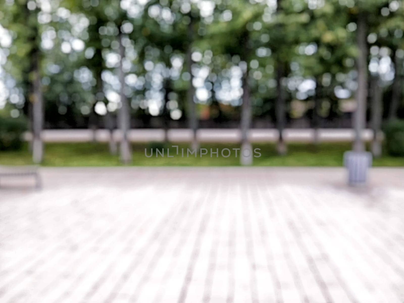 The scene captures a serene park area with lush trees providing shade along a spacious trail, perfect for walks. Blurred picture