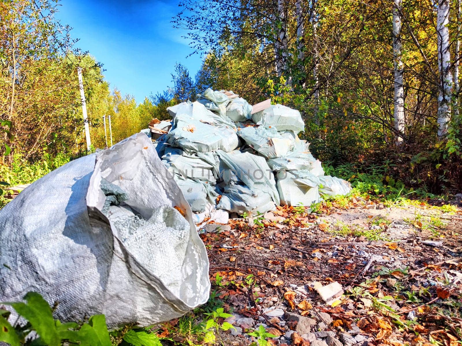 A large pile of waste materials disrupts the serene environment in a forest area on a clear autumn day.