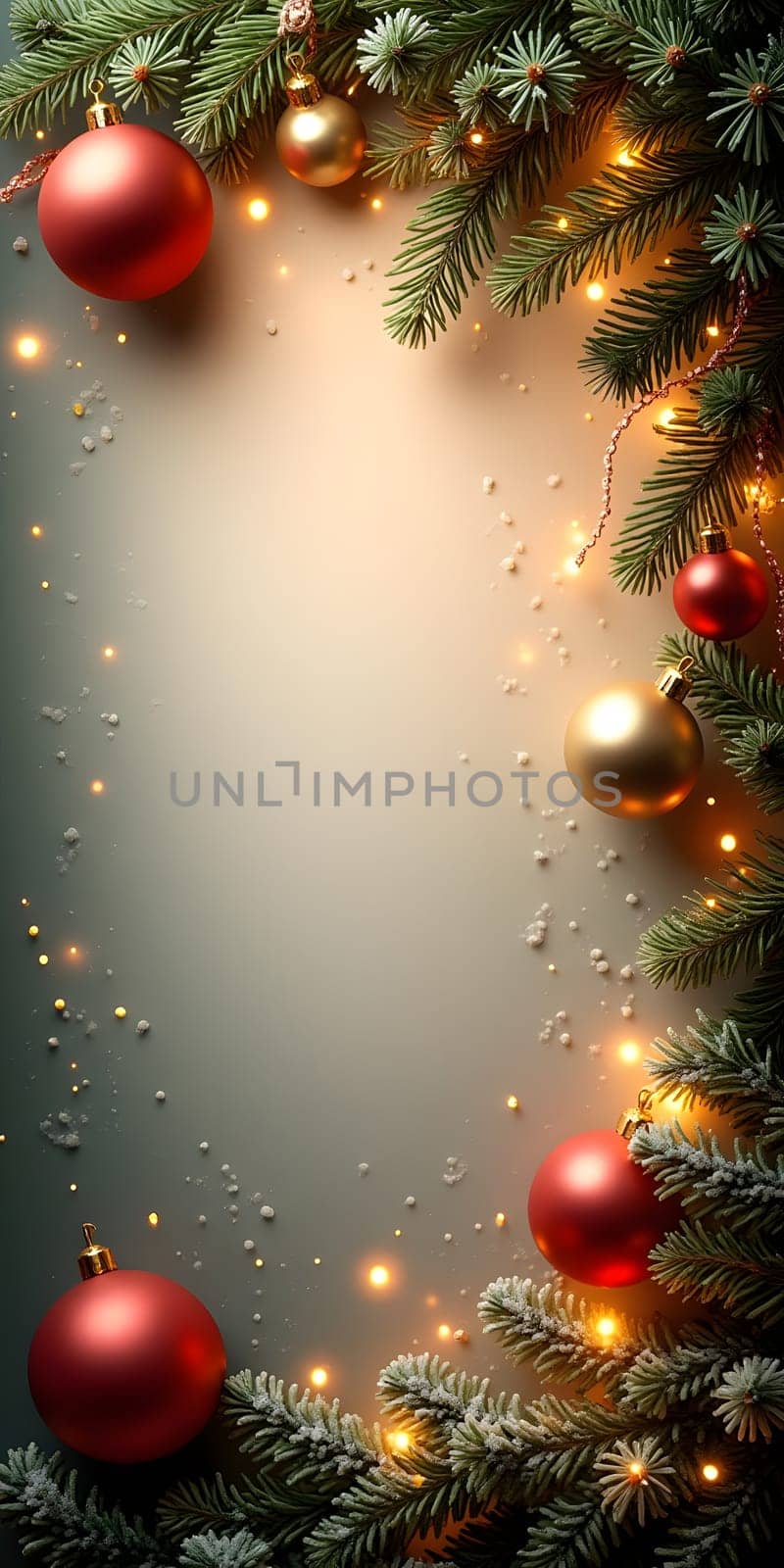 Festive Christmas composition featuring green fir branches, gold and copper ornaments, pine cones, and a soft string of lights on a neutral beige background. Perfect for creating holiday mood, suitable for Christmas cards, posters, or other winter-themed projects