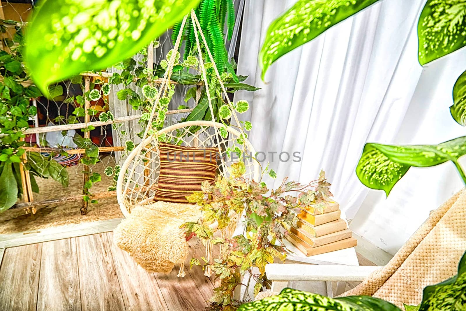 Modern cozy beautiful room with a braided rope macrame swing, chair, green plants, small table and curtains. Interior and background. Location for photo shooting