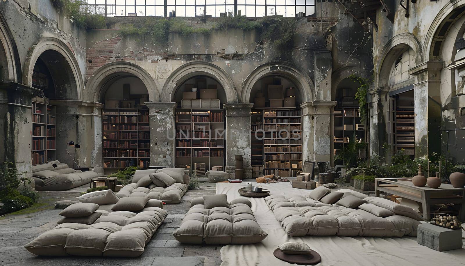 A spacious chamber filled with numerous cushions scattered across the floor, creating a cozy and inviting atmosphere