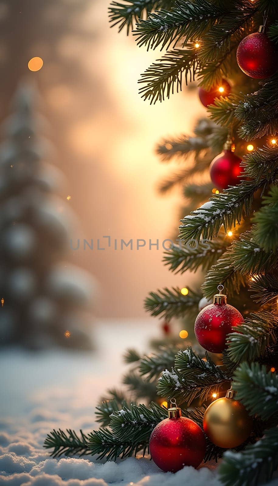 A beautifully decorated Christmas tree with red and gold ornaments stands in a snowy winter landscape, illuminated by warm string lights against a serene sunset. The blurred background with snow-covered trees adds depth and a magical holiday ambiance. Perfect for holiday cards, posters, and festive decorations