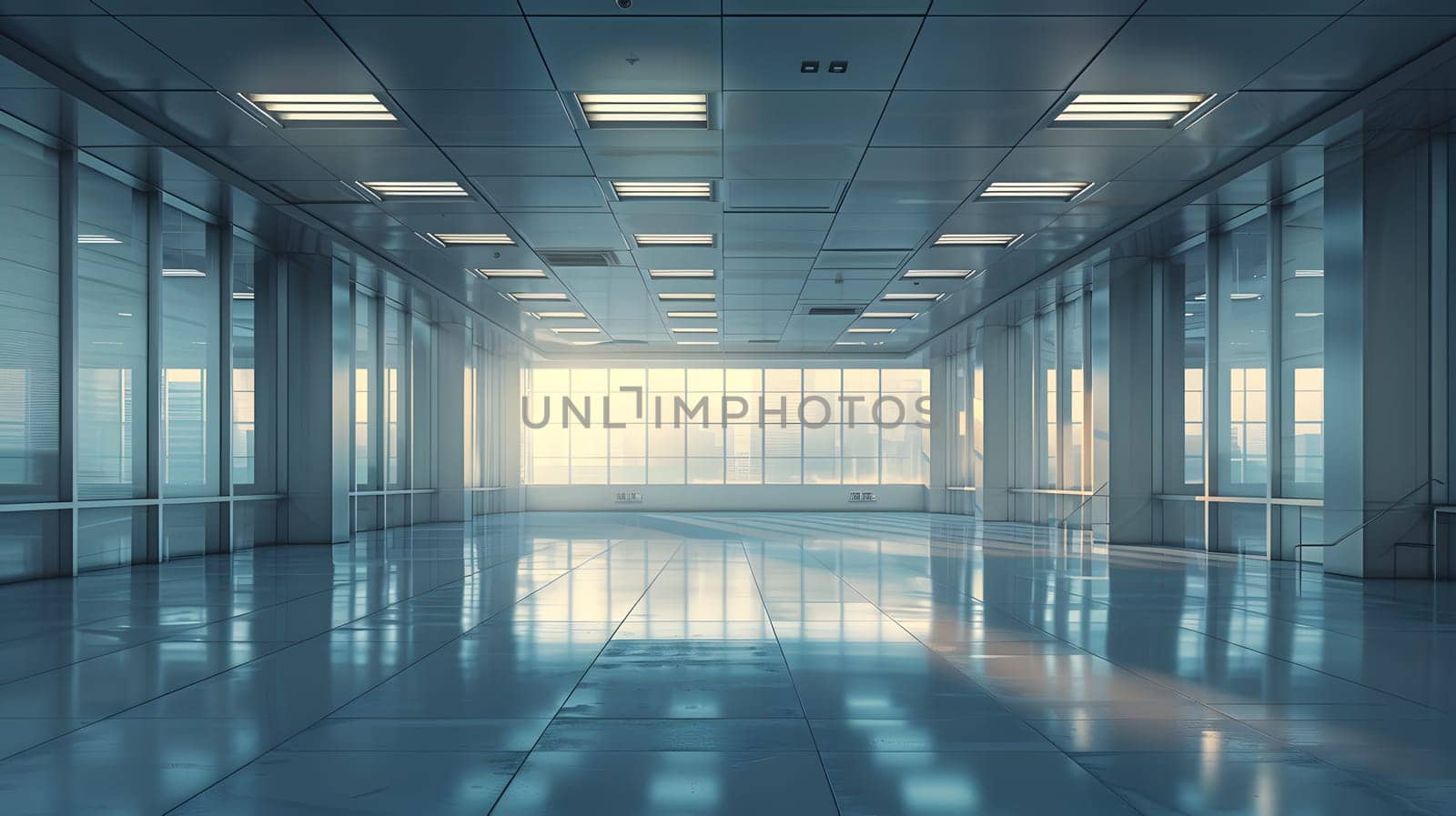 A commercial building hallway with a symmetrical layout, glass windows allowing natural light, and a water feature. The transparent materials and art create a modern aesthetic