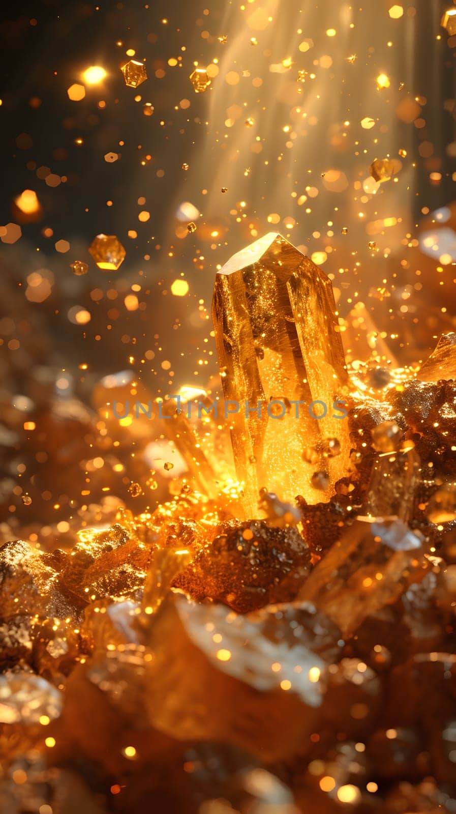 A golden crystal shines with sparkling light in a mystical environment