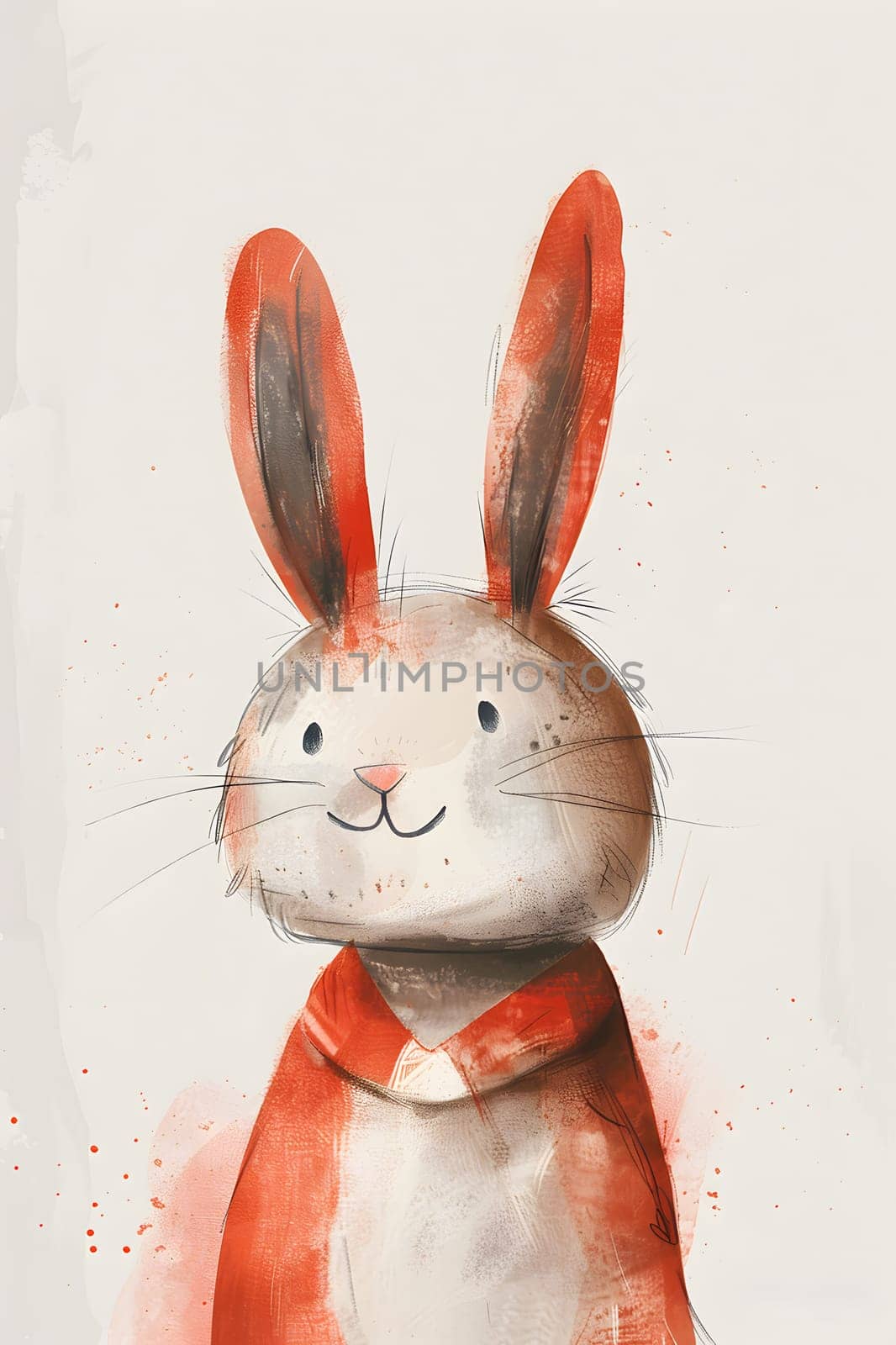 Charming watercolor bunny wears a red scarf, capturing whimsy in illustration.