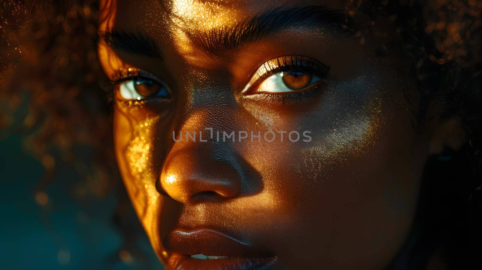 A closeup of a womans face with sunlight illuminating her features, emphasizing her eyebrow, eye, eyelash, temple, and iris. The image captures a moment of natural beauty and artistry
