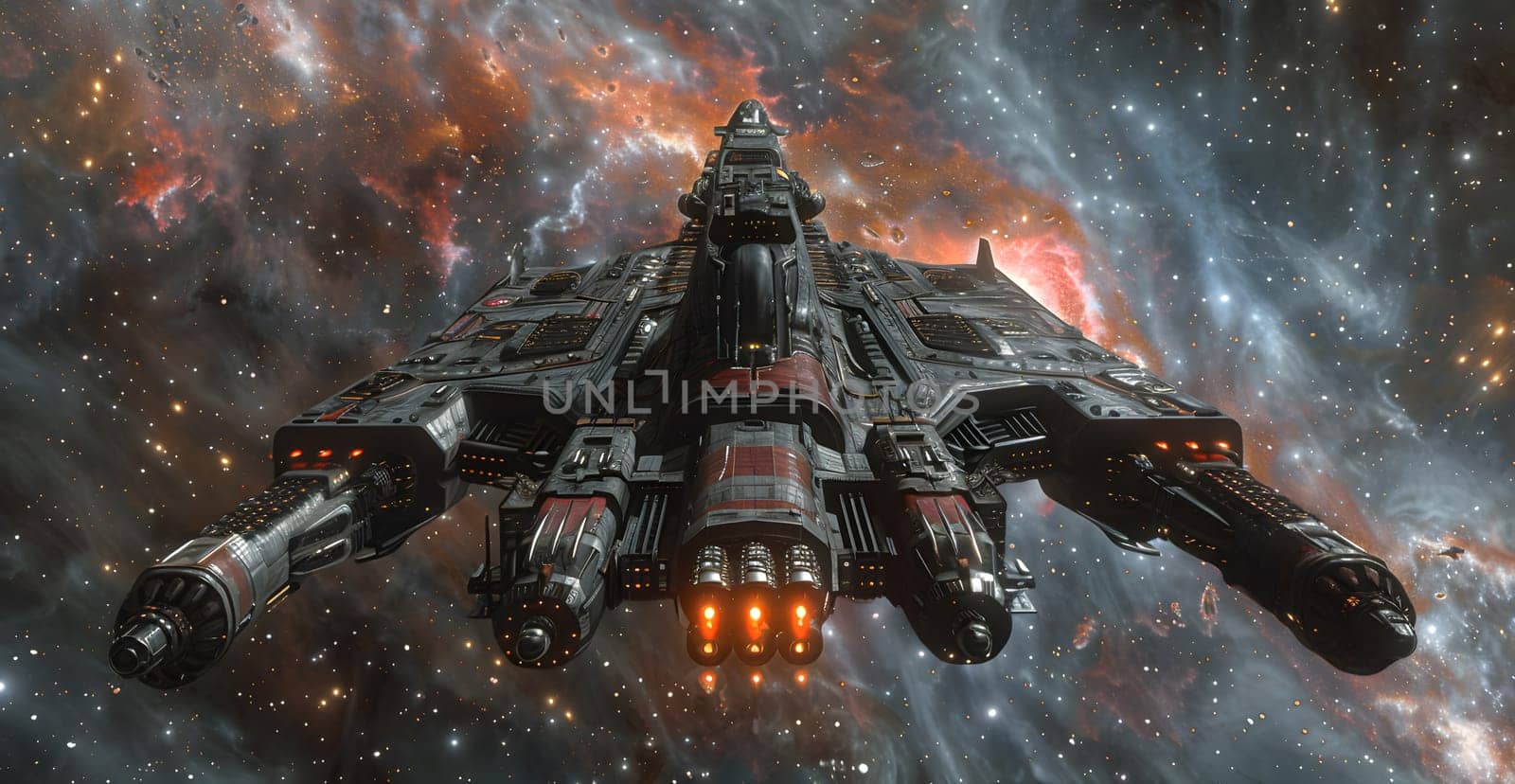 A colossal spaceship flies through the cosmos with illuminated engines