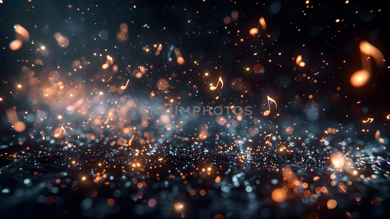Glowing musical notes floating in a dark, sparkling abstract background.