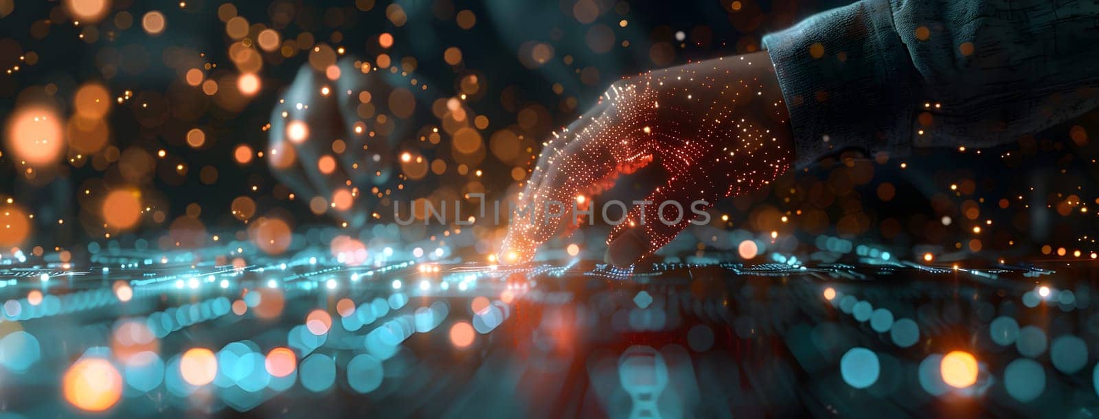 A person is tapping on a glass screen, with an electric blue sky in the background, surrounded by a landscape of city lights and automotive lighting