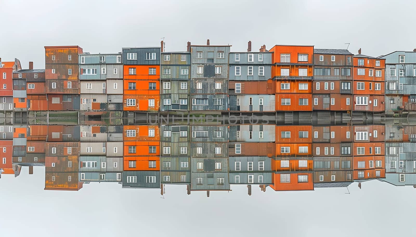 A row of buildings with varying facades is mirrored in a rectangular body of water, creating a stunning visual reflection of urban design in the city skyline