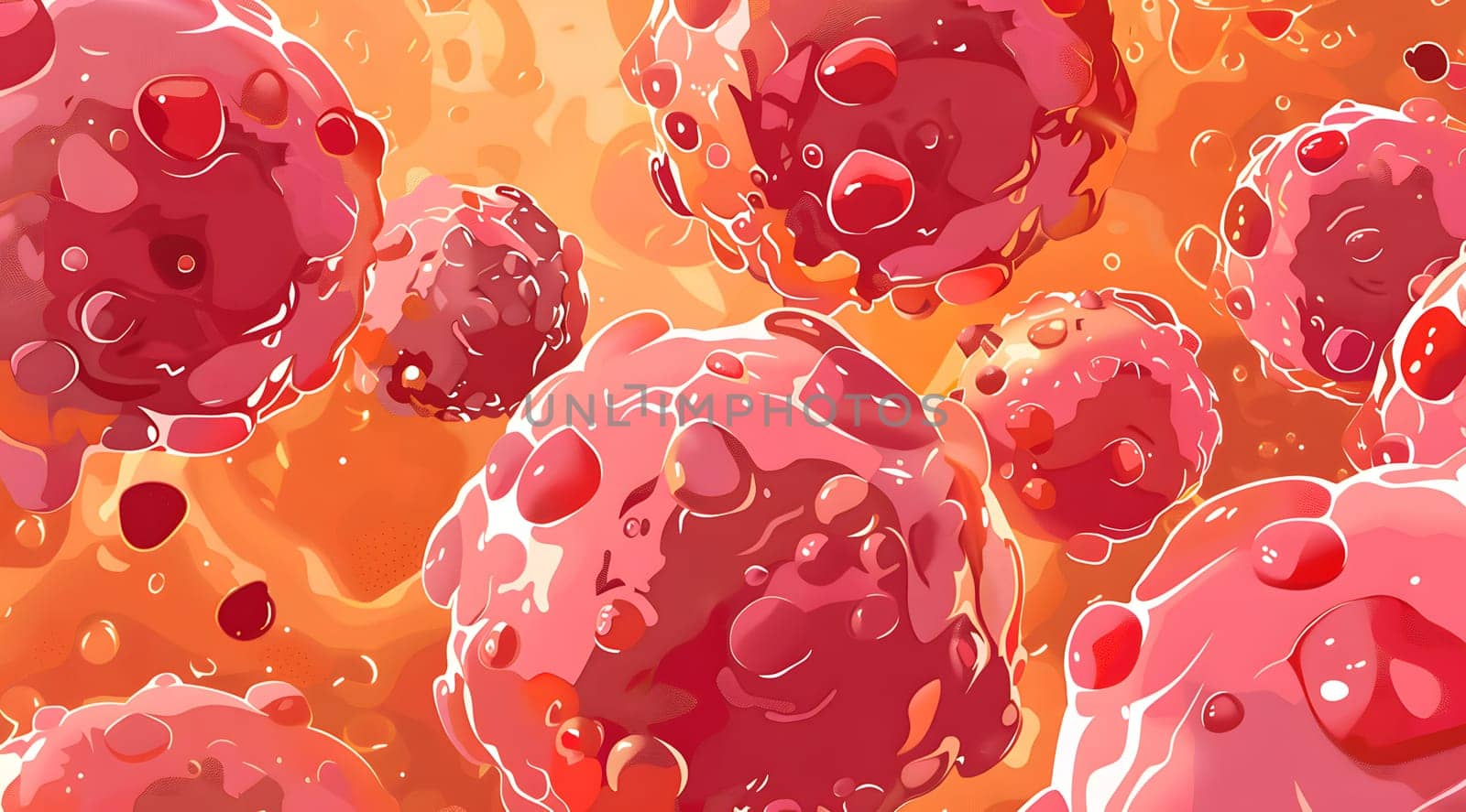 Close-up view of red biological cells in a fluid, floating and interacting