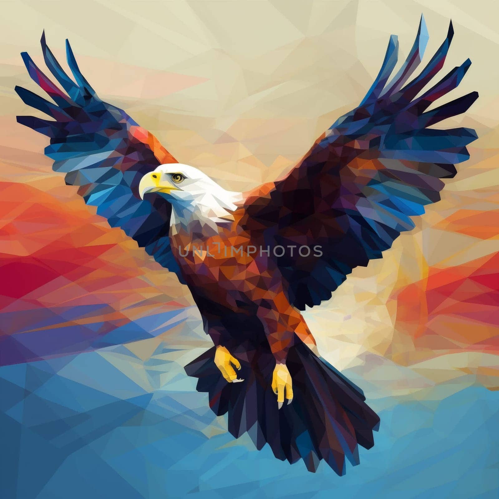 Polygonal multicolor image of a flying eagle