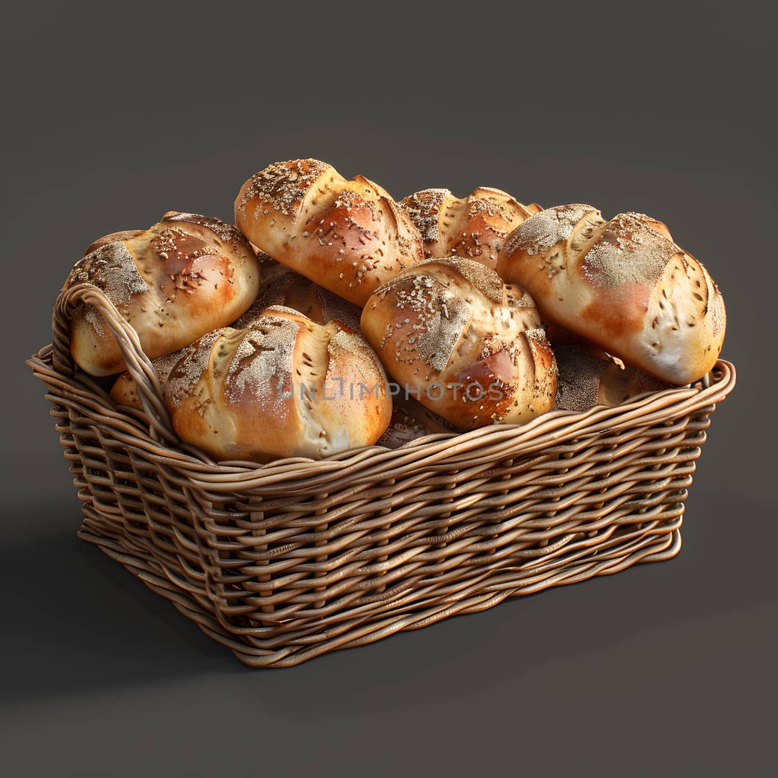 A woven wicker basket filled with fresh bread rolls, a staple food in many cuisines, set against a neutral gray background