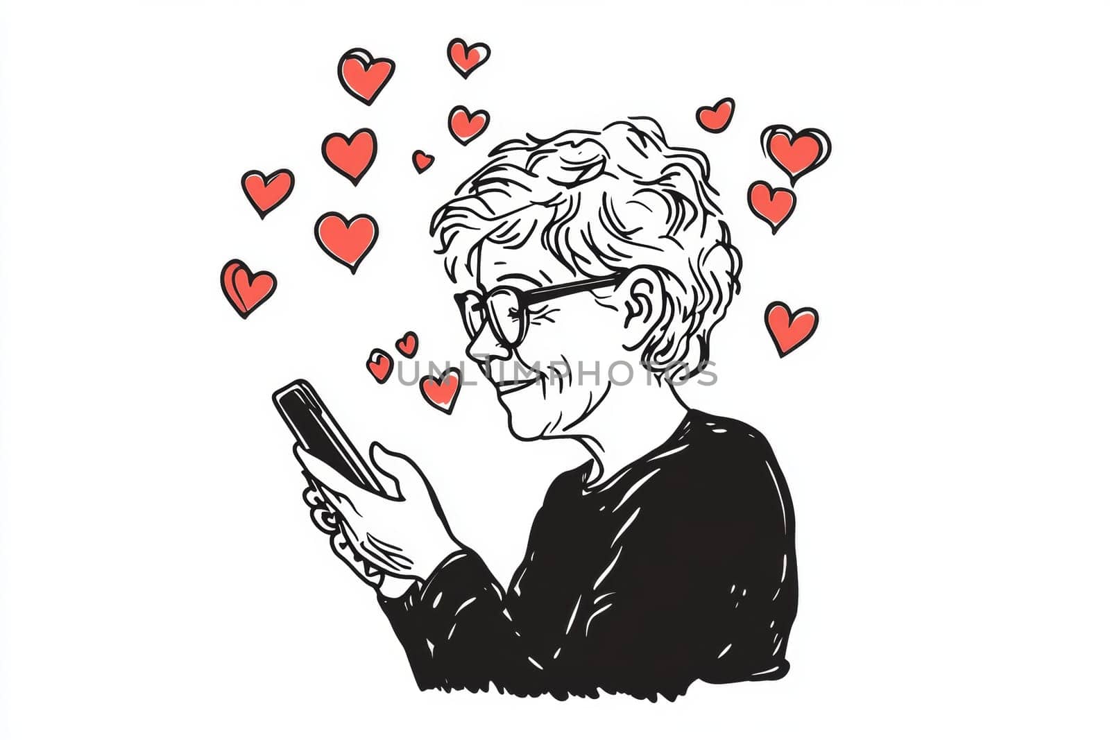 An elderly woman with a phone in her hands on a white background. High quality photo