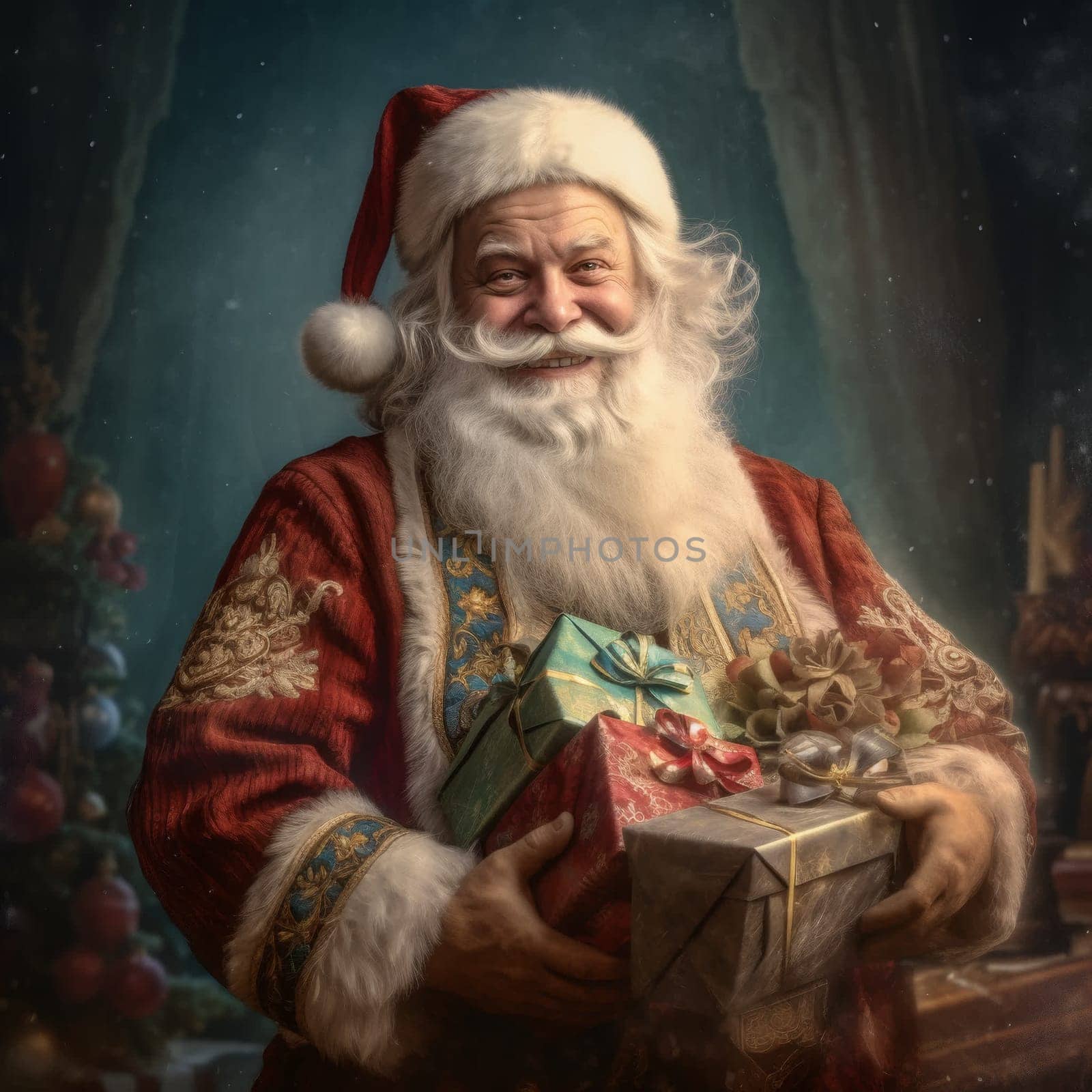 Cheerful santa claus with a gift in his hands.