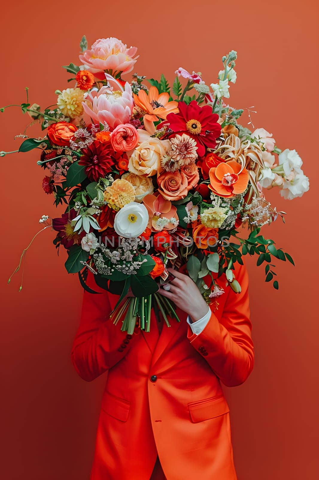 Individual in orange suit holding bright spring flowers, vibrant background