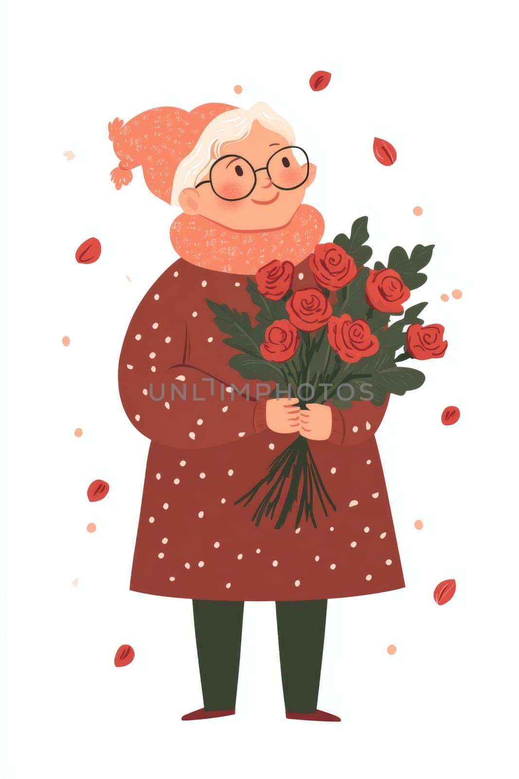 An elderly woman with a bouquet of flowers on a white background. High quality photo