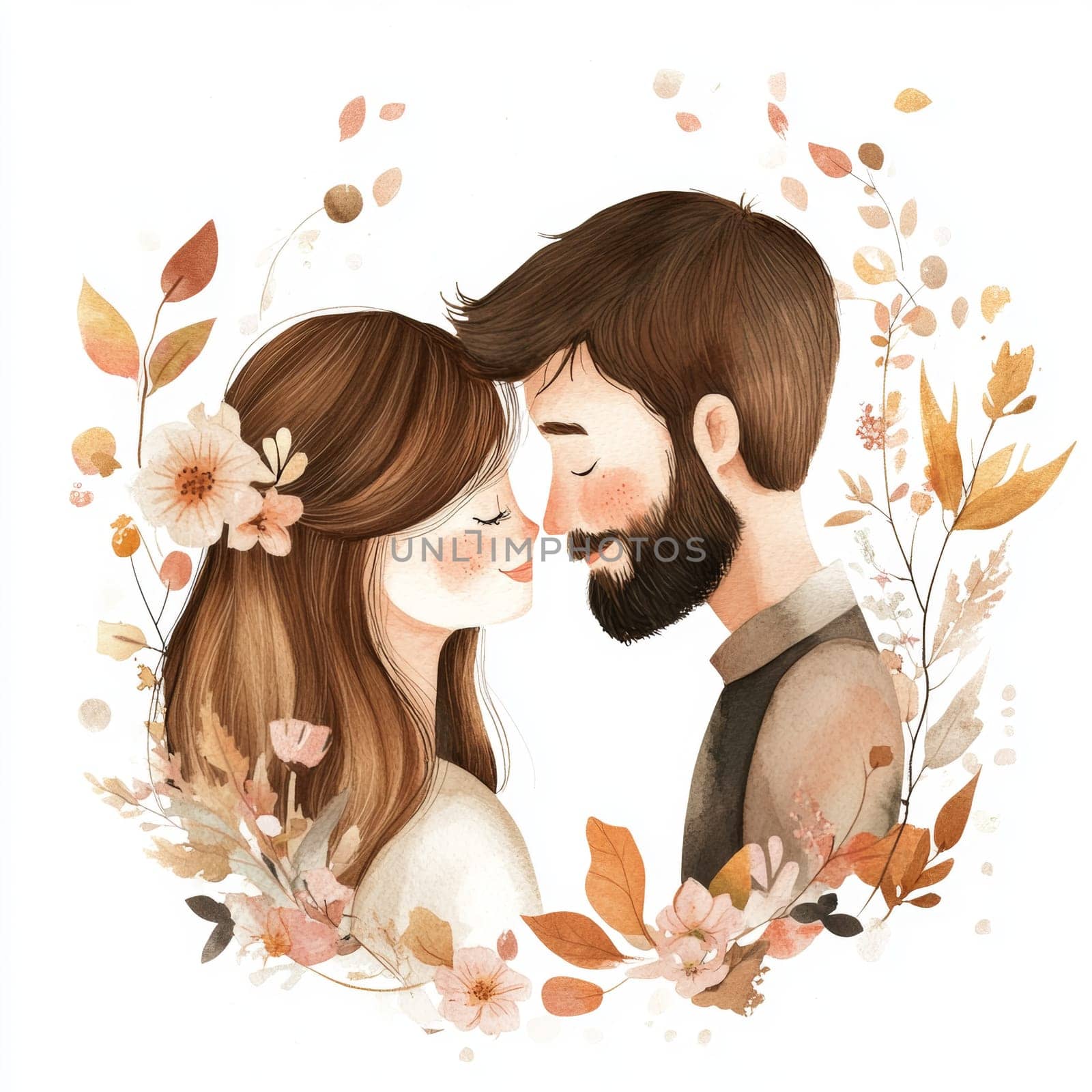 An image of a bride and groom in wedding attire, looking at each other. They are surrounded by flowers. High quality photo