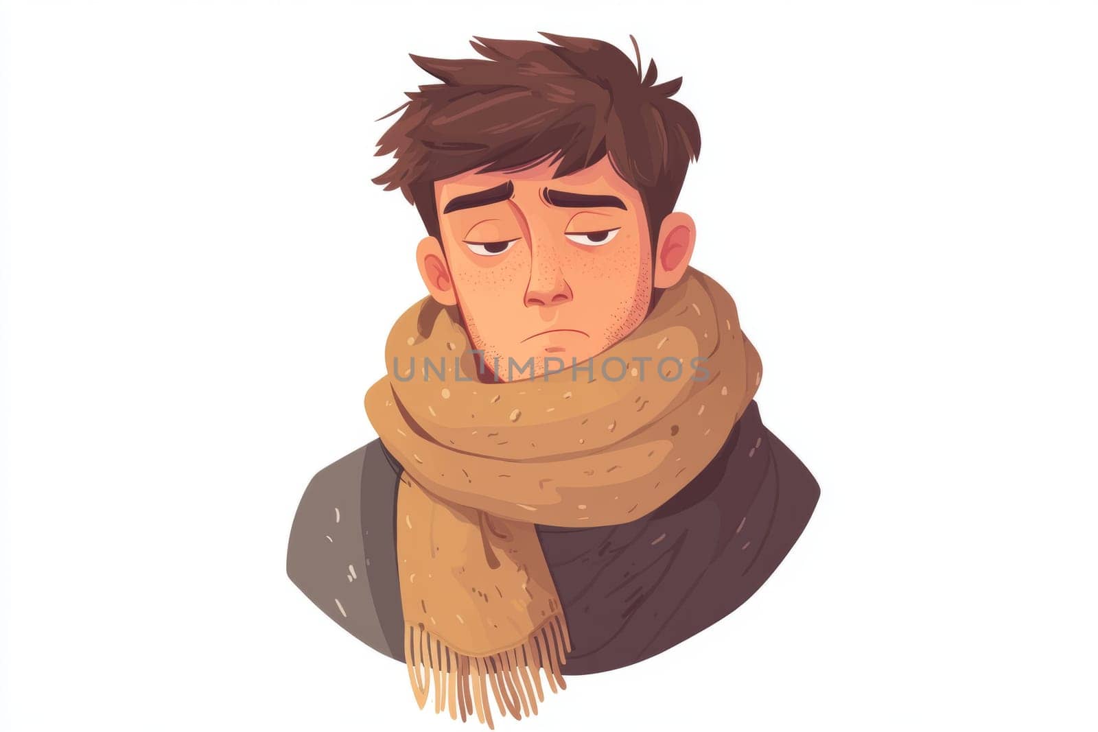 The sad man is dressed in warm clothes and a woolen scarf. A man has a cold, experiences autumn depression, and is depressed. High quality photo
