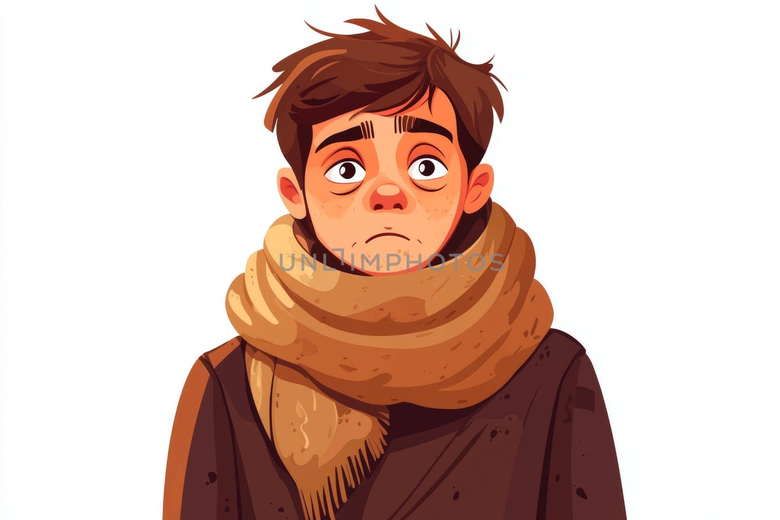 The sad man is dressed in warm clothes and a woolen scarf. A man has a cold, experiences autumn depression, and is depressed. High quality photo