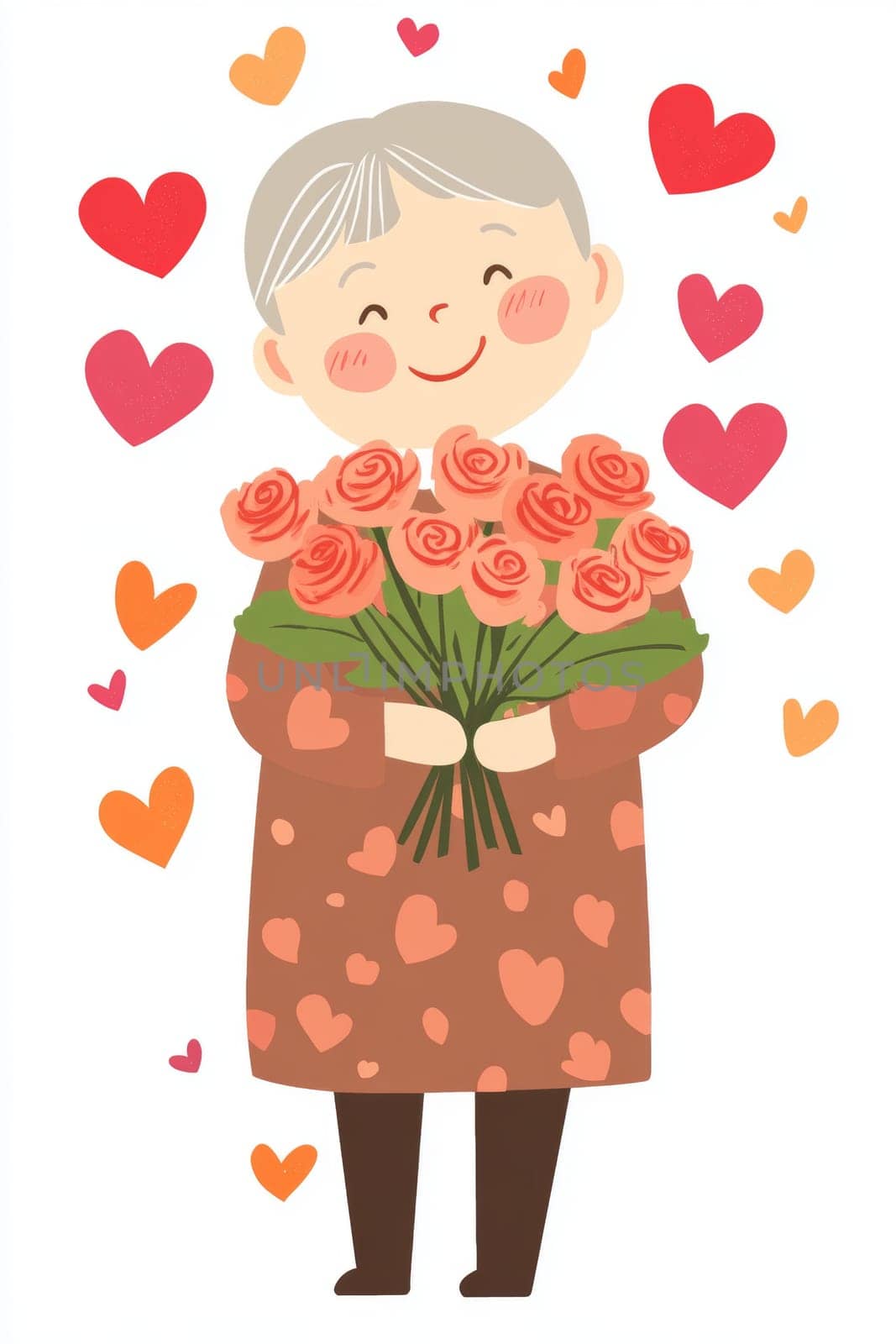 An elderly woman with a bouquet of flowers on a white background. High quality photo