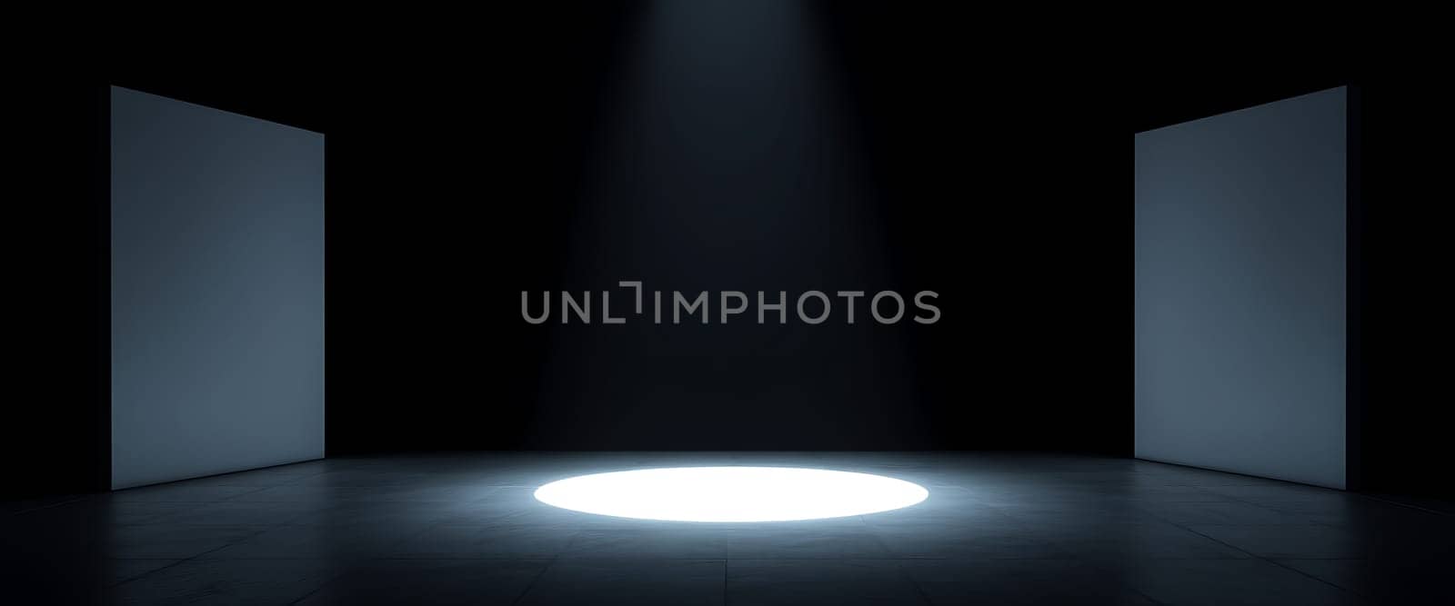 The image showcases an enigmatic, dimly lit room, characterized by an ethereal spotlight illuminating a circular patch on the floor. Flanked by tall, pristine white panels on either side, the scene evokes a sense of calm and mystery, with the stark contrast between light and shadow creating a captivating visual depth.