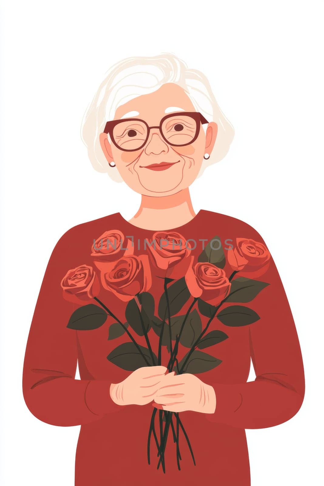 An elderly woman with a bouquet of flowers on a white background. High quality photo