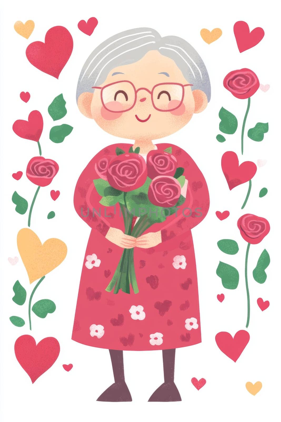 An elderly woman with a bouquet of flowers on a white background. High quality photo