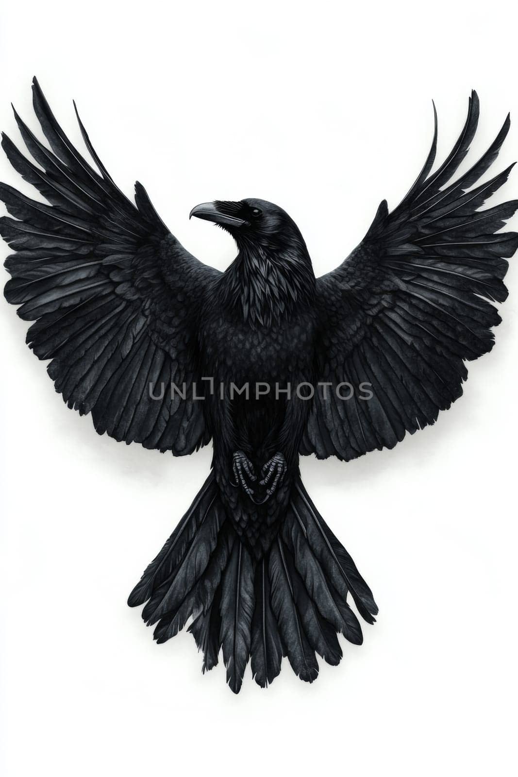 An image of a black crow on a light background. The crow is painted with black watercolor paint or pastel. High quality photo