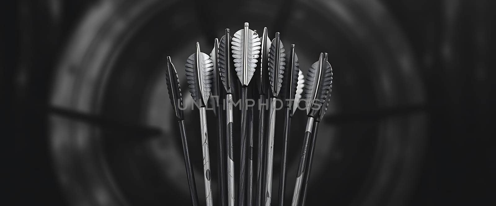 This captivating image showcases a quiver of arrows, their metallic shafts gleaming against the dark background. Each arrowhead is intricately designed with feather-like patterns, converging at the center in a striking display of symmetry and precision, evoking a sense of ancient craftsmanship and target-focused intent. The black-and-white palette adds a timeless quality, highlighting the textured surfaces and sharp edges of the arrows.