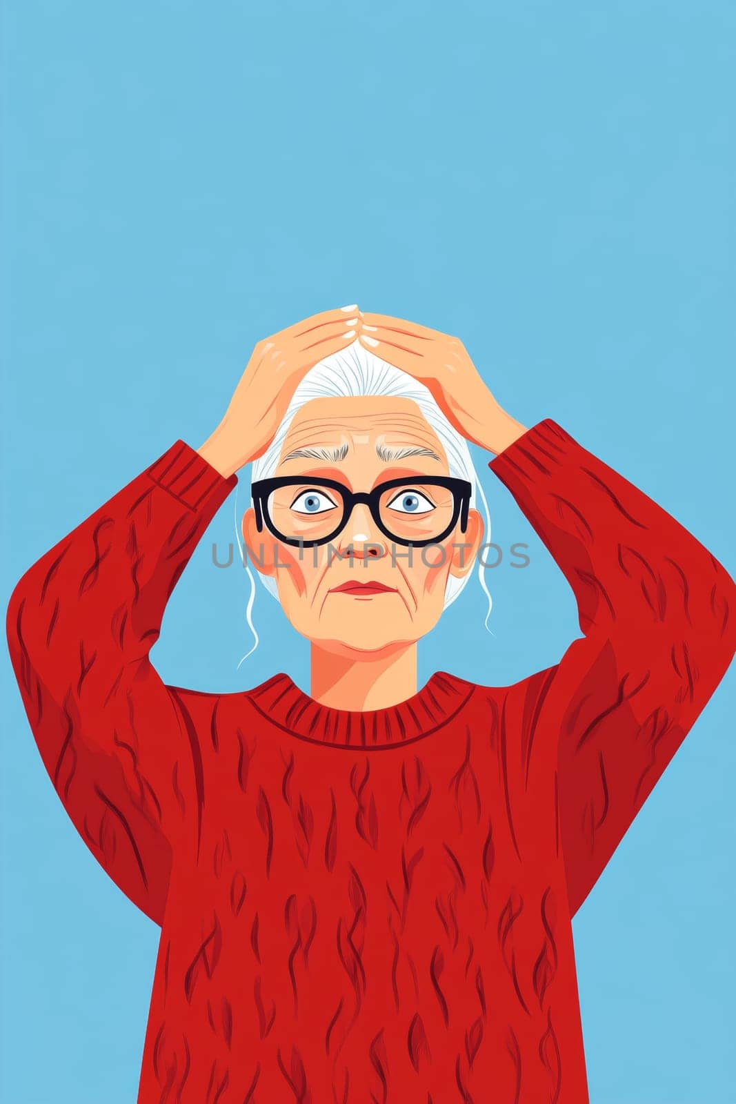Gray-haired old woman, holding her head, suffering from headache. Sad pensioner in a burgundy sweater on a blue background. High quality photo