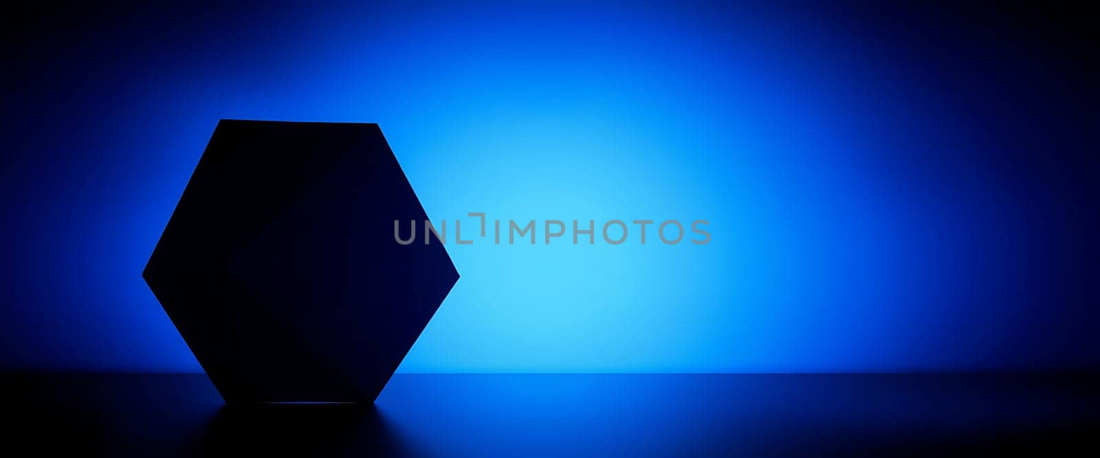 This image captures a striking scene of a hexagonal object standing solitary against a gradient blue backdrop. The object, illuminated by a soft, cool light, casts an elegant shadow on the reflective surface beneath, creating a sense of depth and mystery. The vibrant blue hues transitioning from dark to light enhance the futuristic and serene atmosphere, making the composition both visually captivating and intriguing.