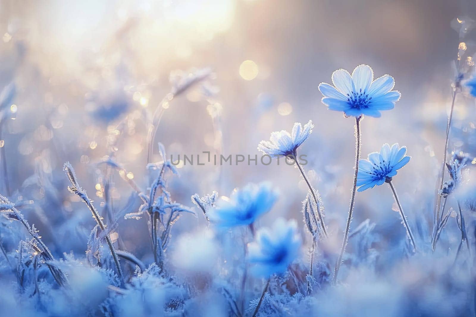 Delicate blue flowers covered with frost. Night frosts. Early winter. High quality photo