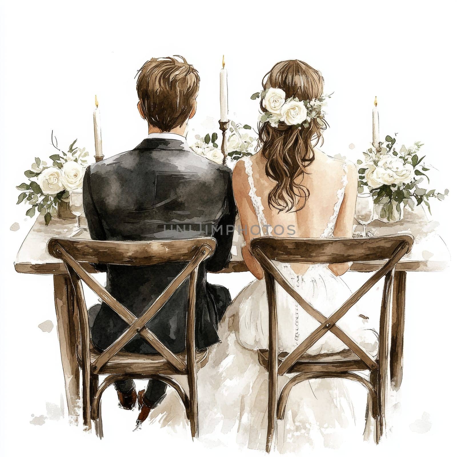 Image of the bride and groom in wedding dresses. They are sitting on chairs at the wedding table. Rear view. High quality photo