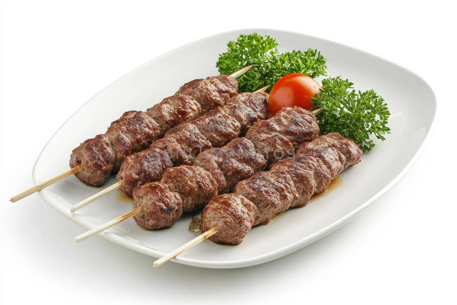Juicy shashlik on a white plate. Side view. High quality photo