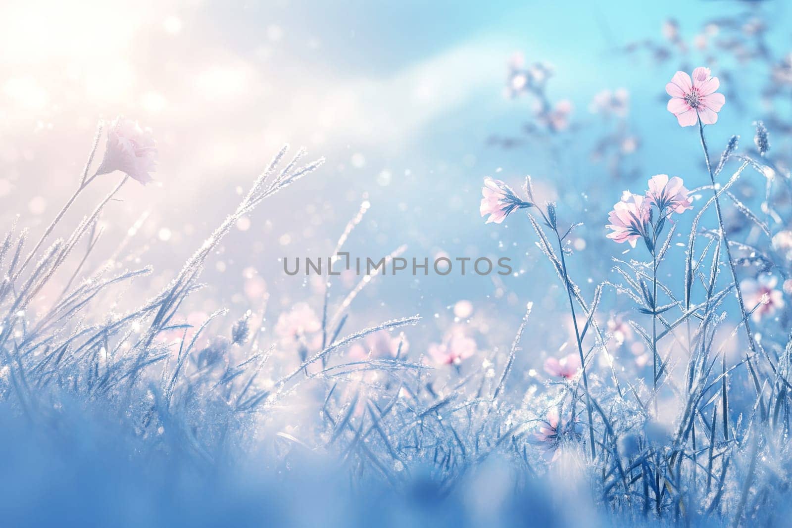 Delicate blue flowers covered with frost. Night frosts. Early winter. High quality photo
