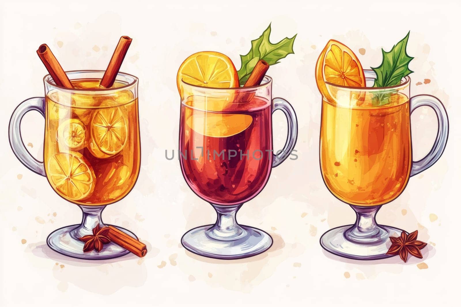 Image of three glasses of mulled wine on a light background. High quality photo