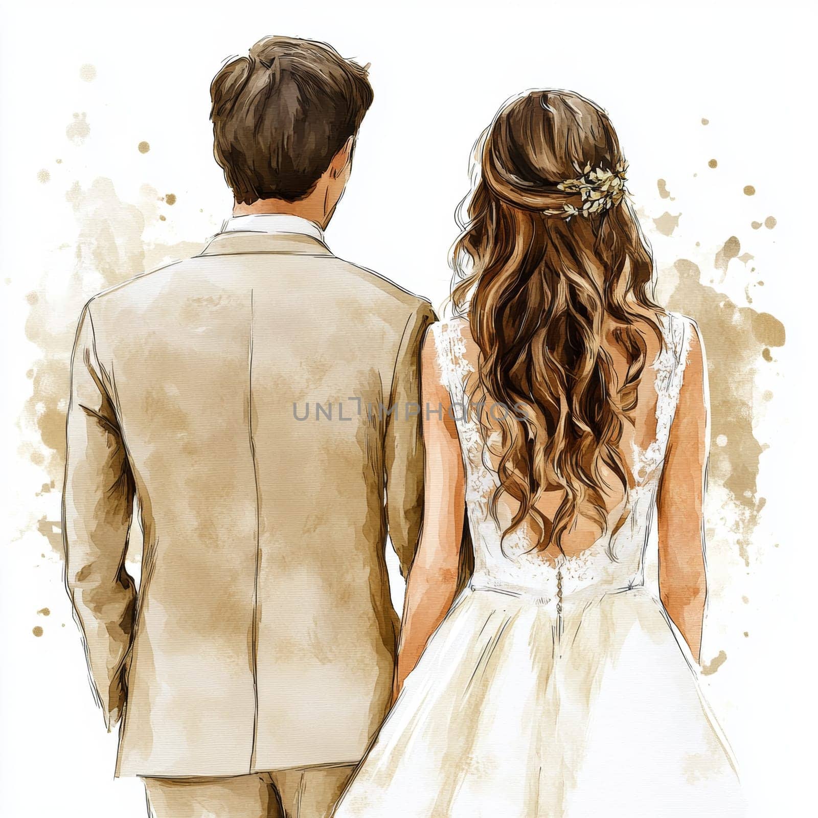Image of the bride and groom in wedding dresses. Rear view. High quality photo