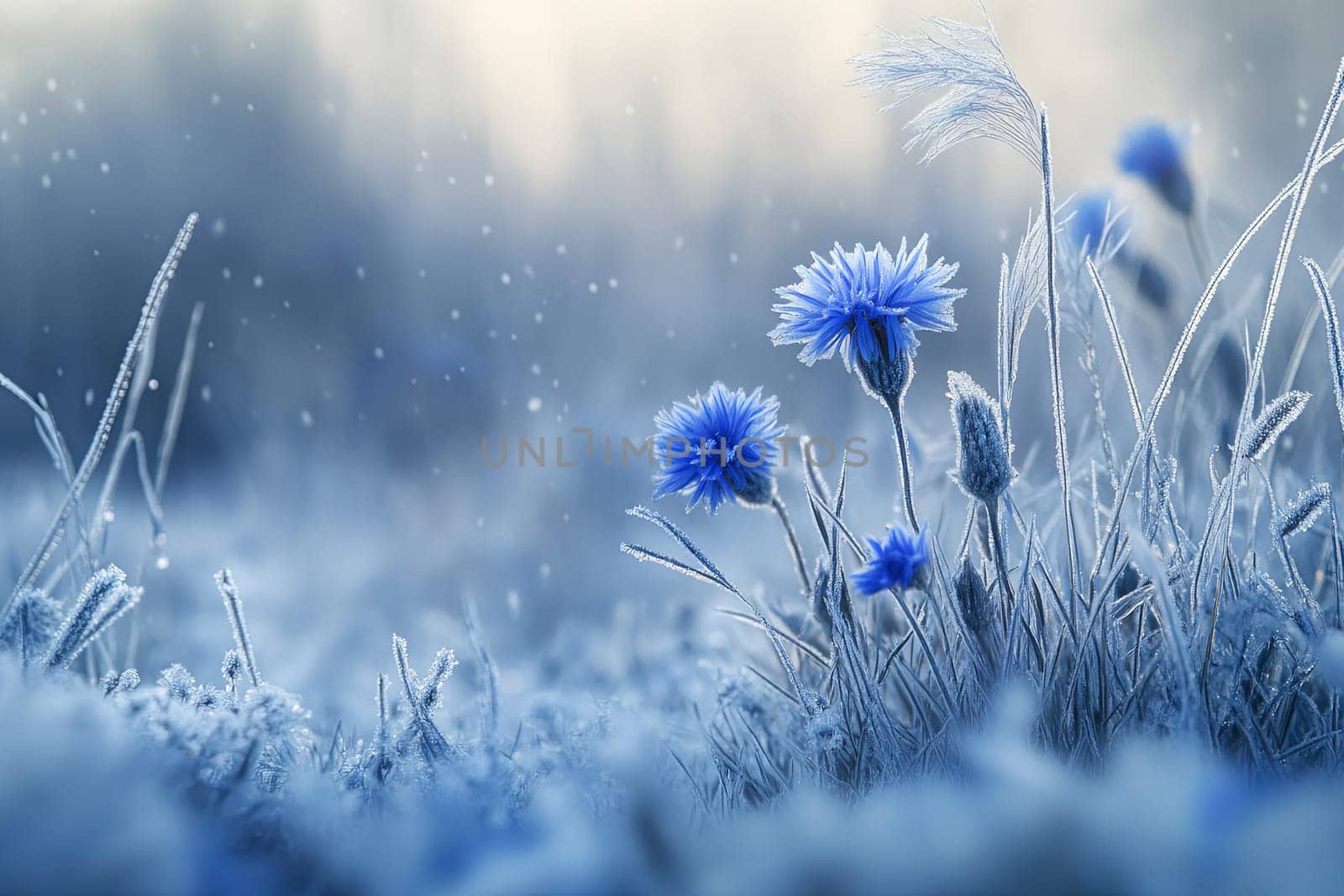 Delicate blue flowers covered with frost. Night frosts. Early winter. High quality photo