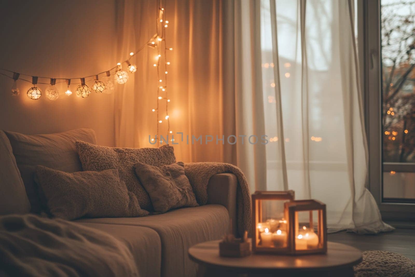 Traditional festive interior of the apartment. Evening light from garlands. High quality photo
