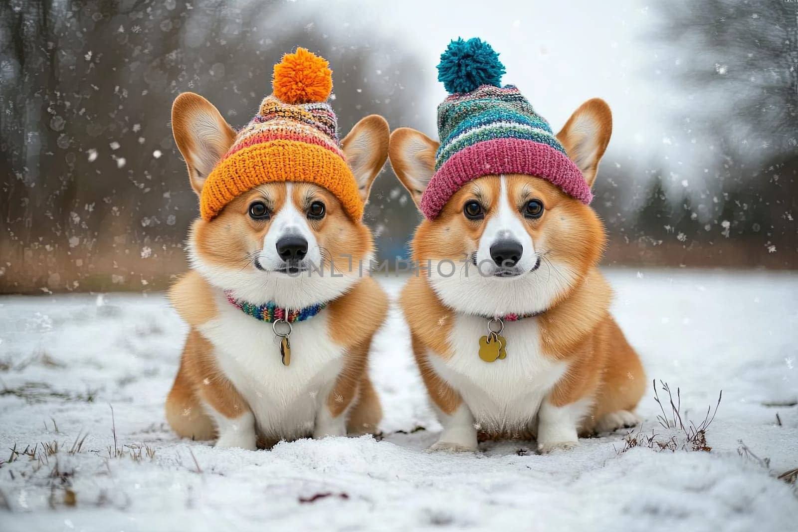 Two cute corgi dogs walk in the snow in the forest in winter wearing knitted hats. High quality photo