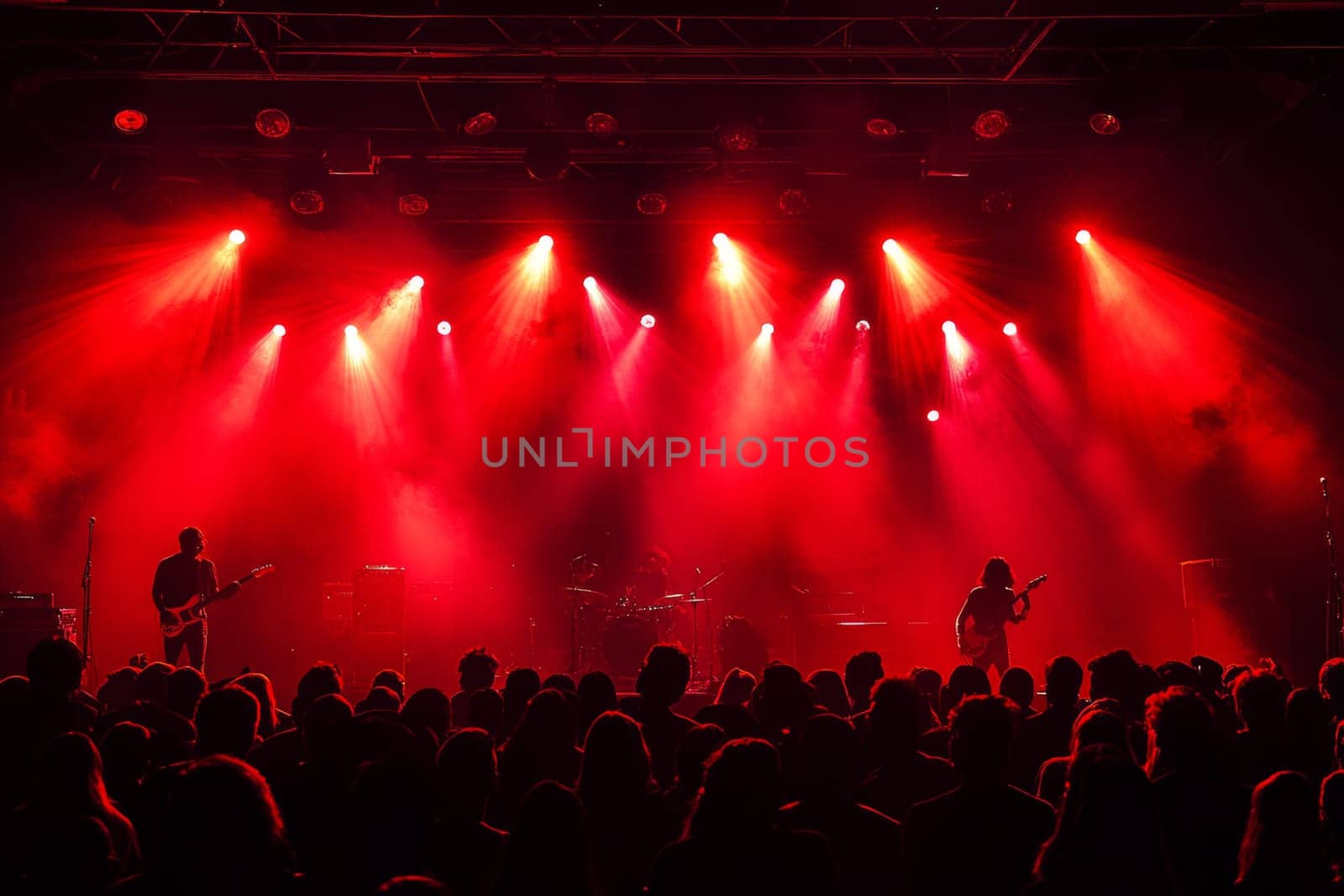 The stage during a concert is lit with bright red light and floodlights. High quality photo