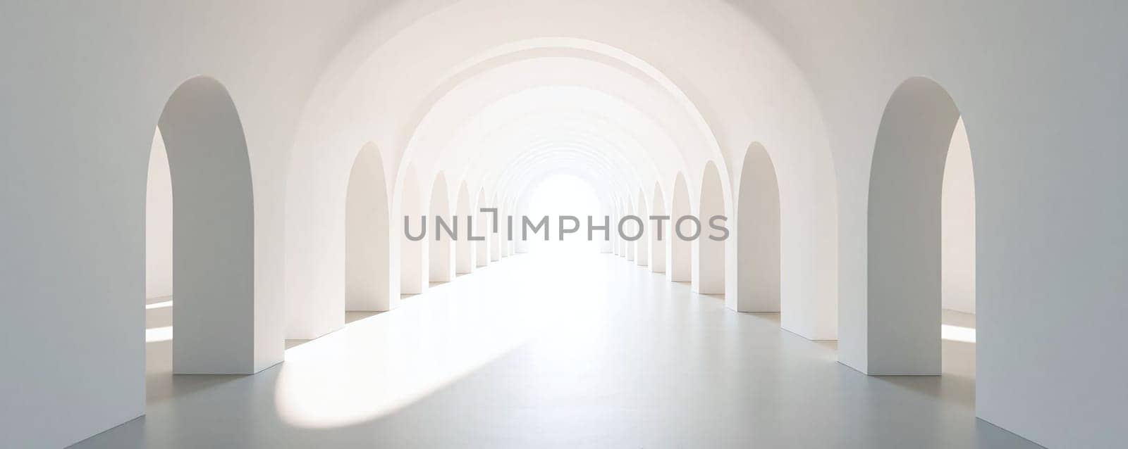 A spacious corridor featuring multiple arches, flooded with natural light. The clean lines and minimalist design create a peaceful and inviting environment.